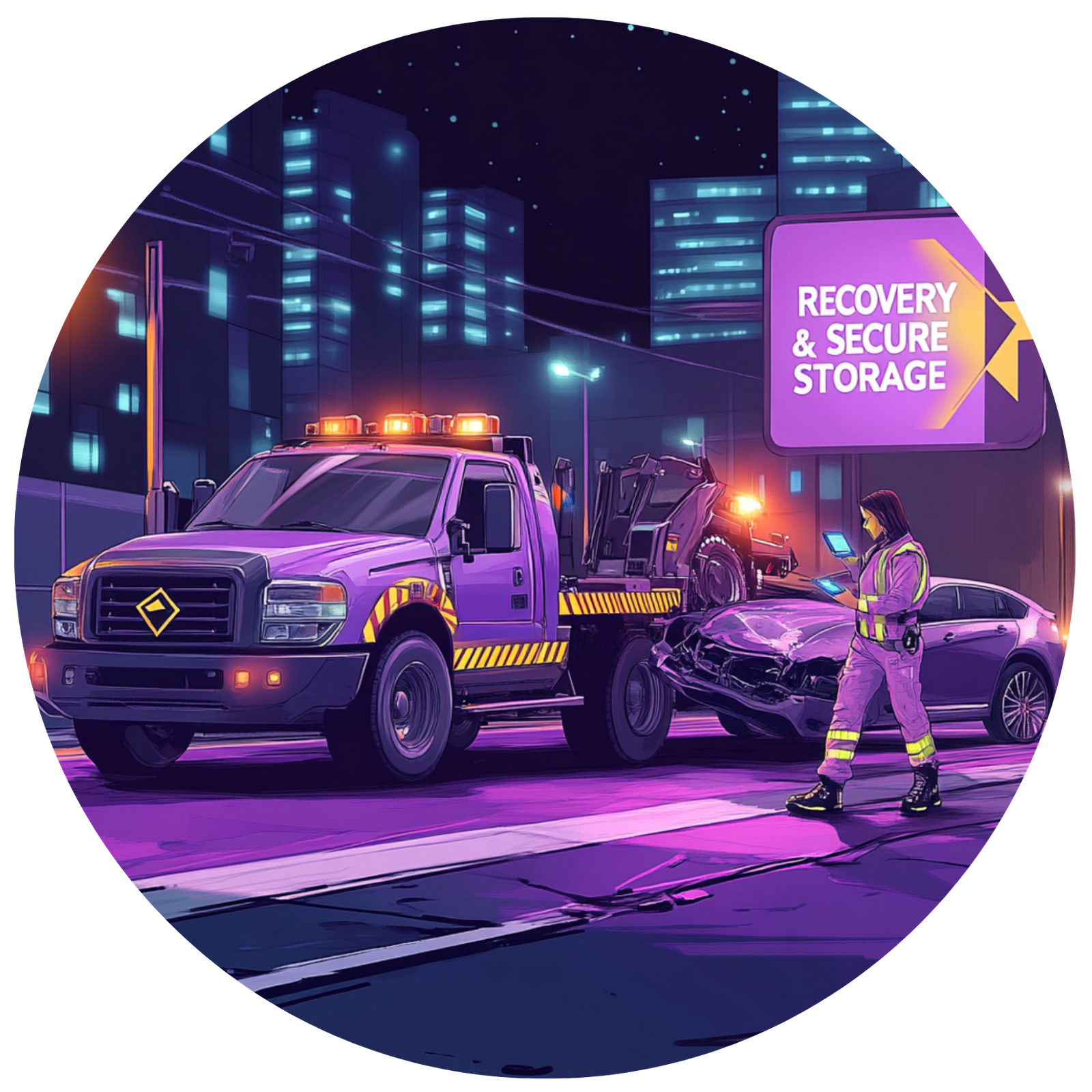 Recovery and secure storage visual for vehicle damage assistance after an accident.