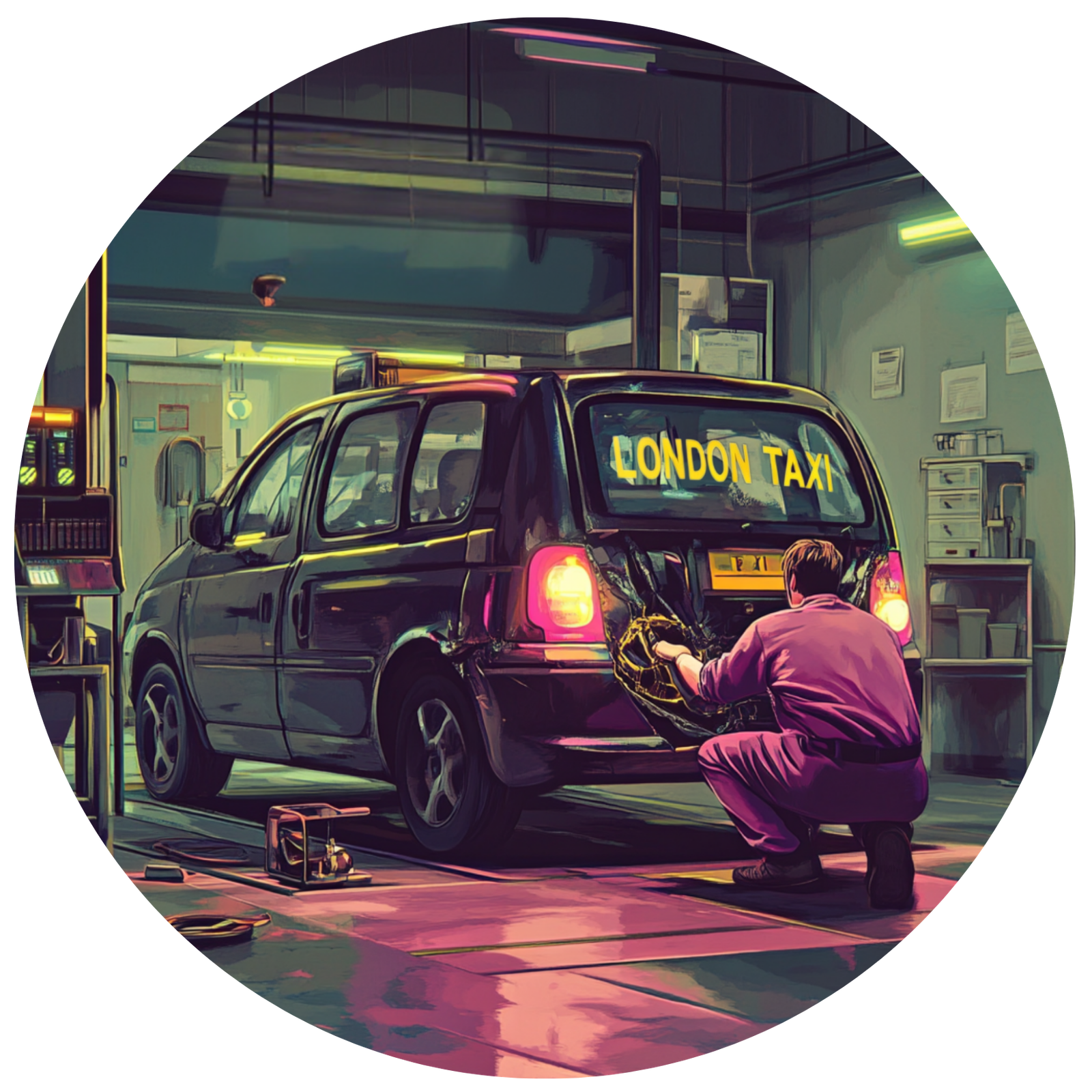 London taxi being repaired in a workshop, representing Accident Assist Network taxi repair support.