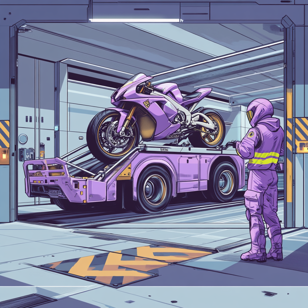 Motorcycle being loaded onto a recovery truck inside a garage, representing fast recovery support for bikers and delivery riders.