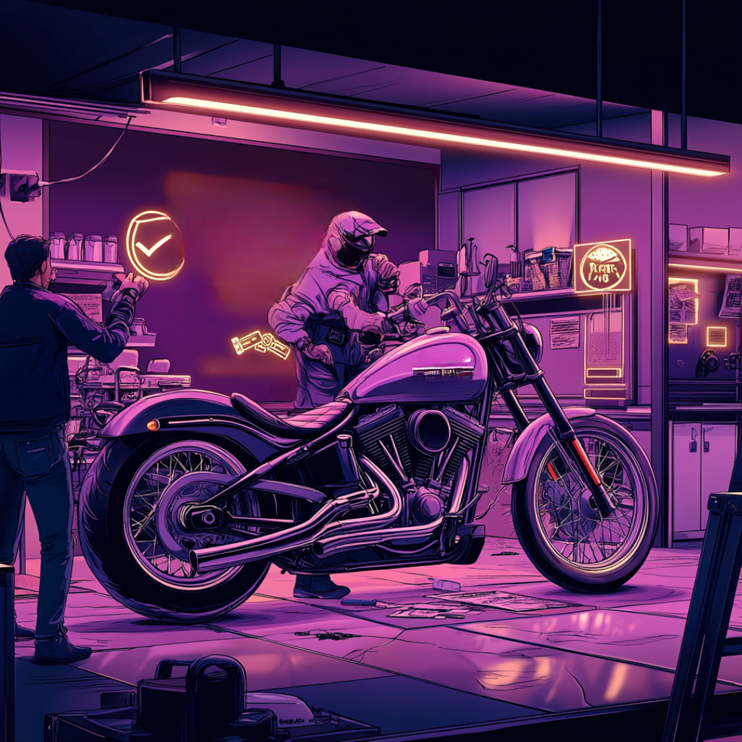 Mechanic inspecting a motorcycle in a workshop, illustrating gig economy accident reality and repair support for riders.