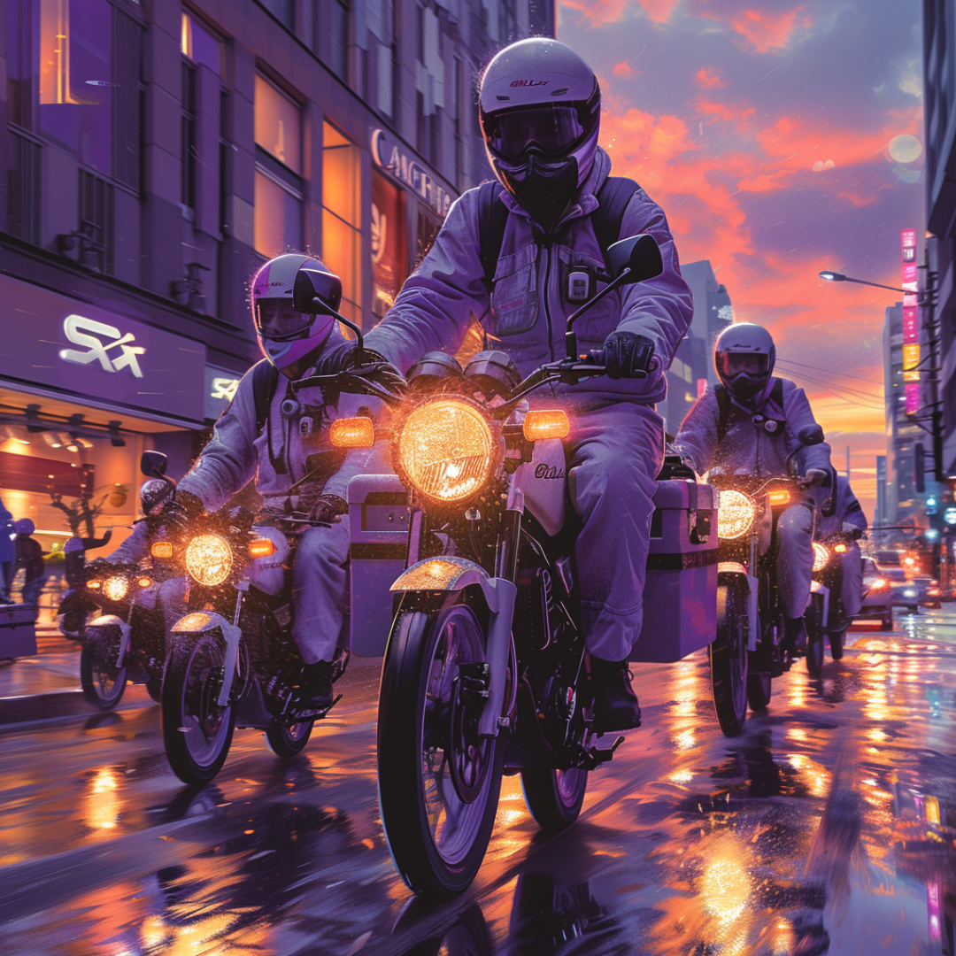 Group of motorcyclists riding at dusk, representing England-wide support coverage for bikers and delivery riders.
