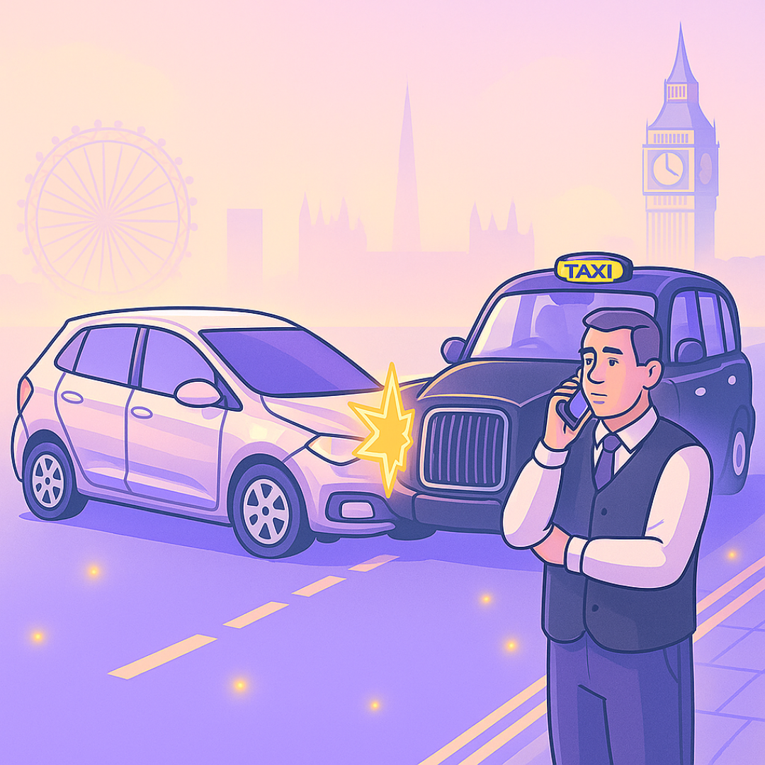 London skyline illustration with black cab, car and driver on phone, used in the “Why London Drivers Pick Us” section on the page.