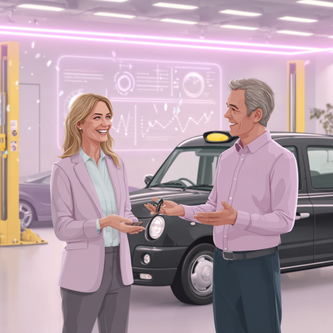 Advisor speaking with a London taxi driver beside a black cab, explaining next steps after a non-fault incident on the London taxi page.