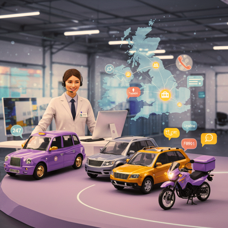 Accident Assist Network adviser at digital desk with taxi, car and bike icons for non-fault claims in London and England.