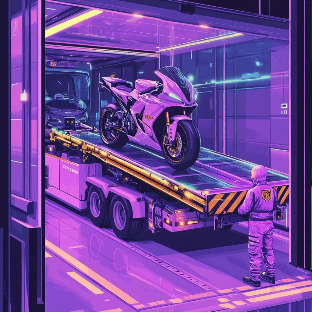 Motorcycle loaded onto a tilt-bed recovery truck in a neon-lit garage, recovery speed section.
