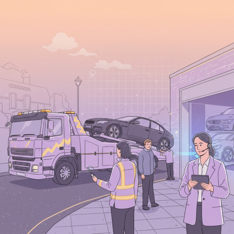 Tow truck recovering a car outside a secure storage compound, Recovery & Storage page illustration.