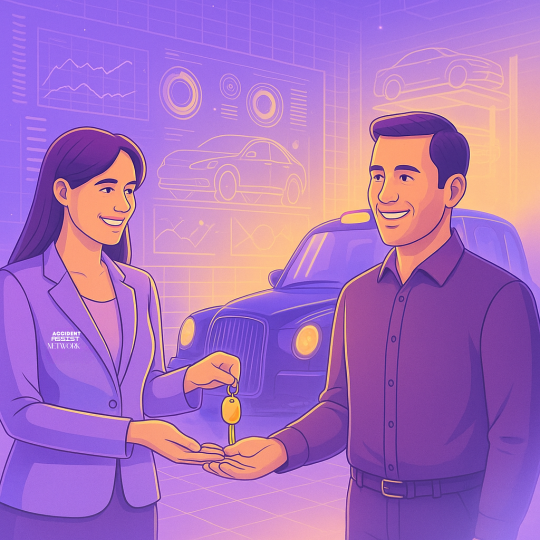 Two people discussing support, representing an England-wide replacement vehicle assistance network.
