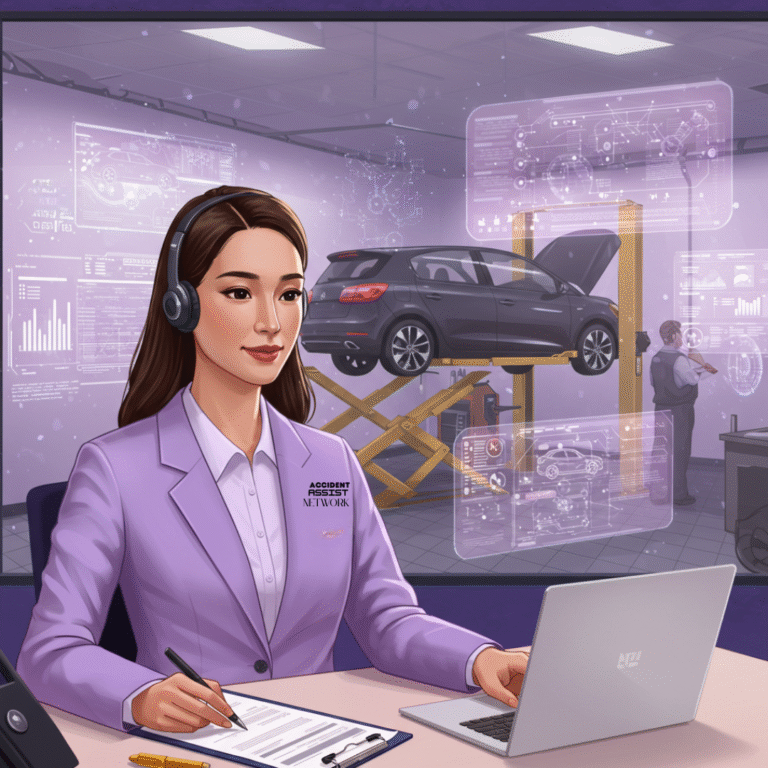 Support agent working on a laptop, representing 24/7 accident assistance for vehicle repairs.