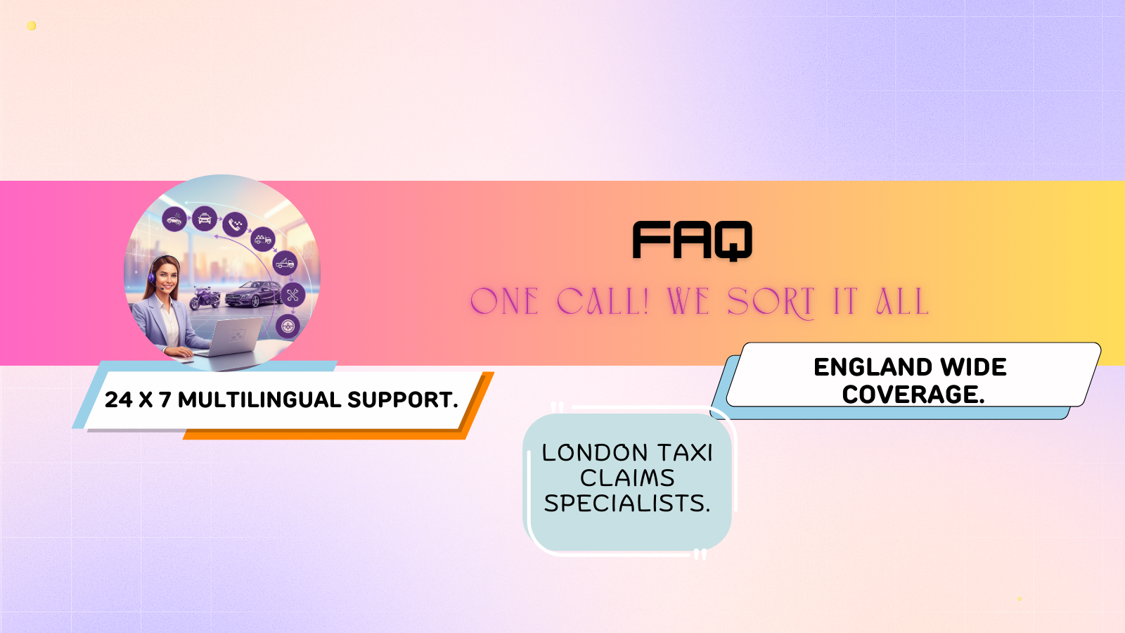 FAQs hero banner for Accident Assist Network showing 24×7 multilingual support, London taxi specialists, and England-wide coverage.