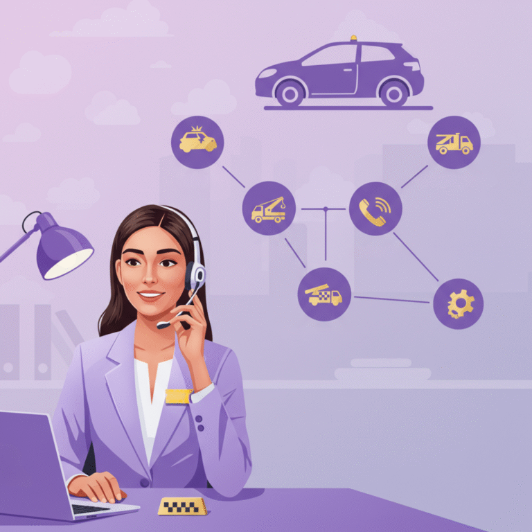 Support agent coordinating help for car and van drivers, with icons for recovery, repairs, and replacement vehicle steps.