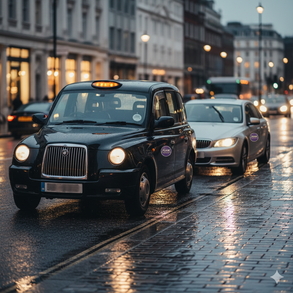 Editorial shot of a generic black cab and a PHV saloon side-by-side at dusk; plates blurred; tiny compliance badges; subtle AAN colour accents; 16:9