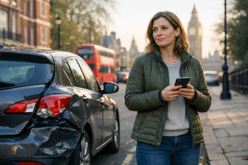 UK driver standing beside damaged car after non-fault accident, considering insurance excess options