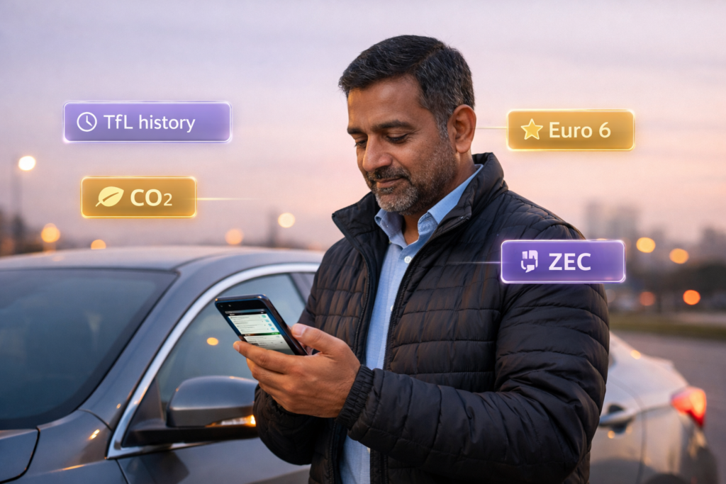 London PHV driver checking replacement vehicle compliance details before choosing a ZEC-compatible option
