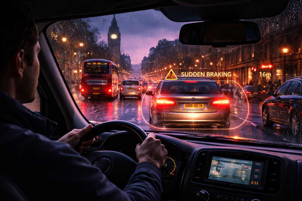 London taxi driver spotting suspicious braking behaviour in heavy traffic