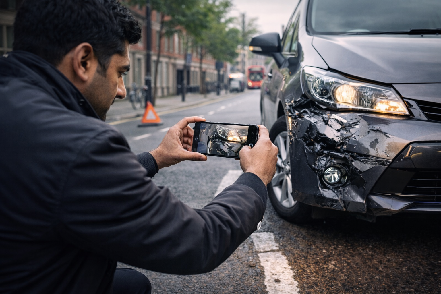 New PCO driver documenting crash scene with photos and notes