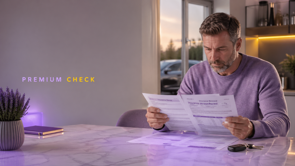 Driver reviewing an insurance renewal after a non-fault accident in England