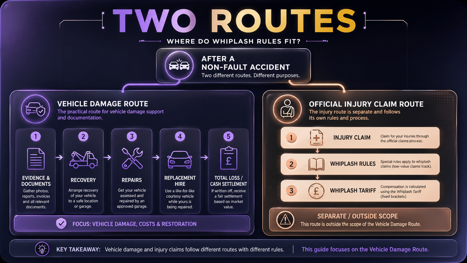 Vehicle damage vs official injury claim route UK