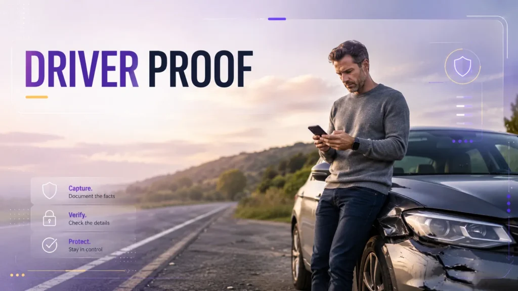 Driver checking accident evidence on a phone after a suspicious car insurance incident in England