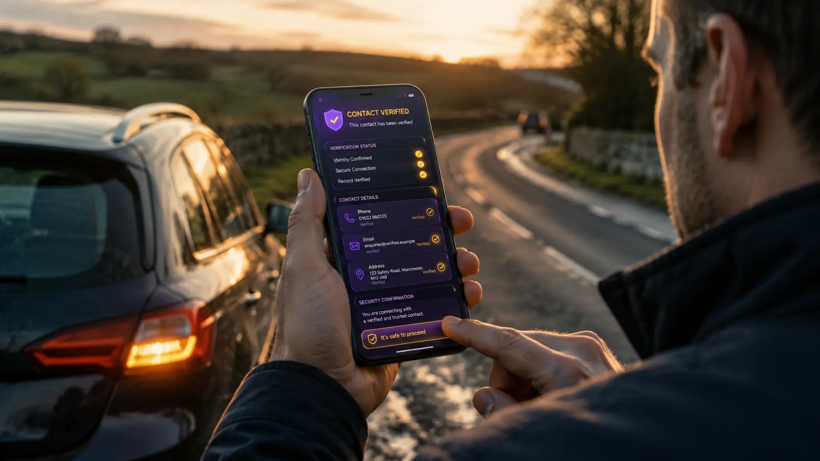 Driver checking official contact details on a phone after a car accident