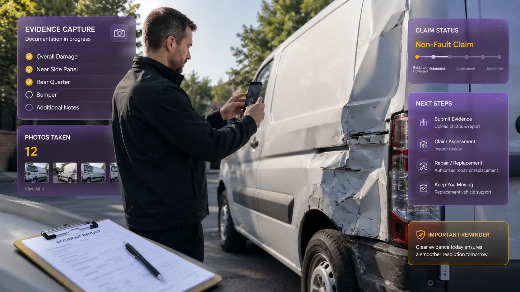 Professional driver documenting vehicle damage after a non-fault accident in England