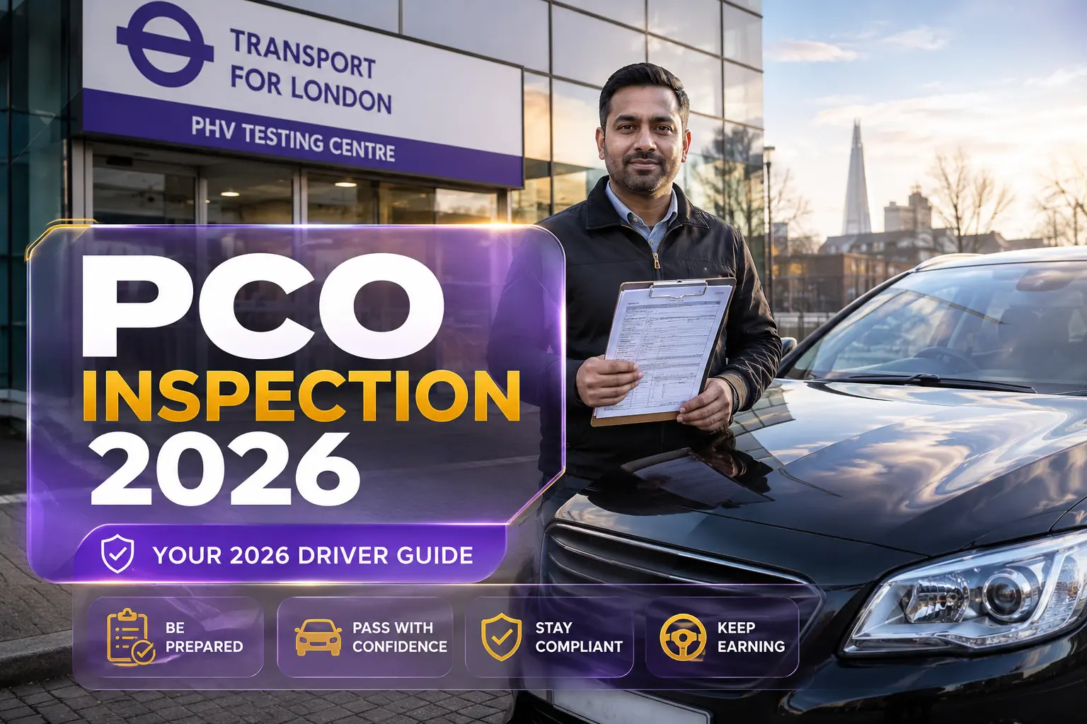 London PHV driver preparing documents beside a car for a 2026 PCO vehicle inspection.