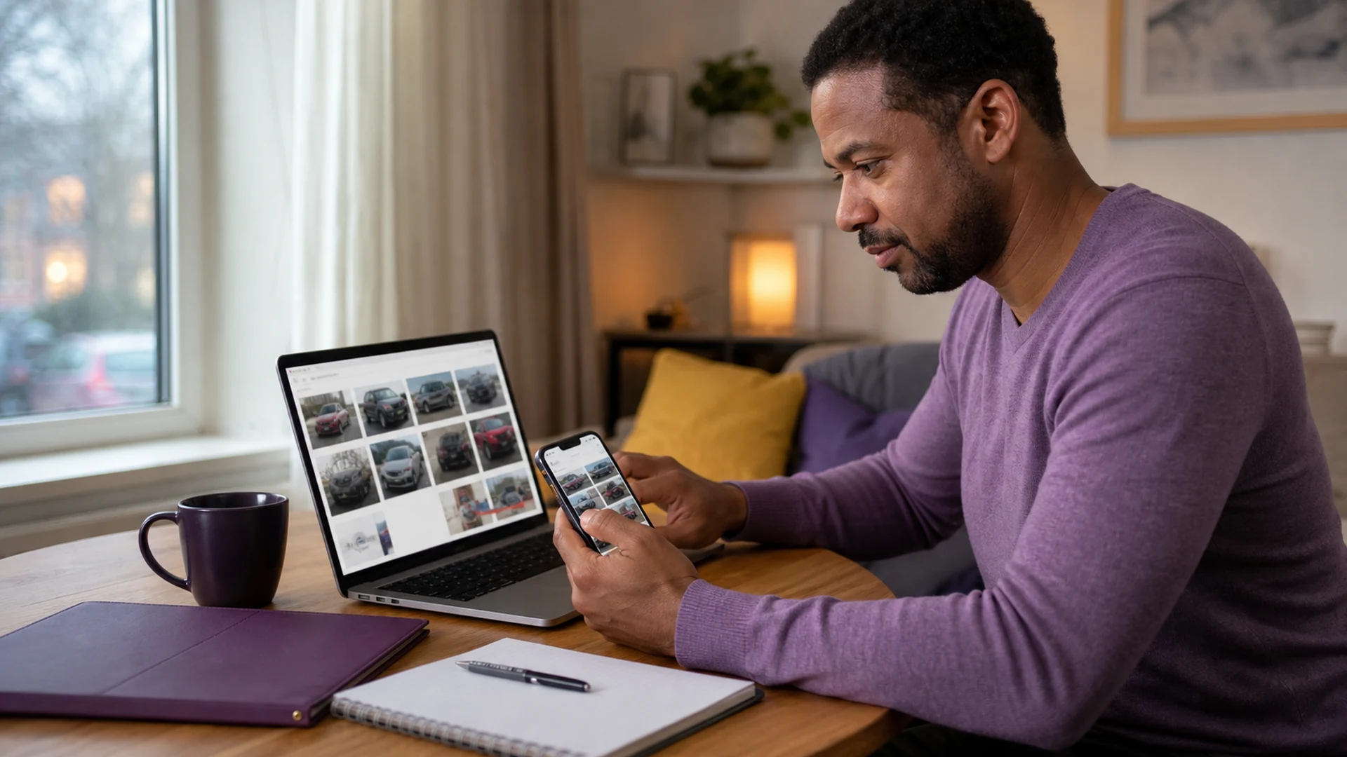 Driver organises collision photographs and notes on a phone and laptop at home