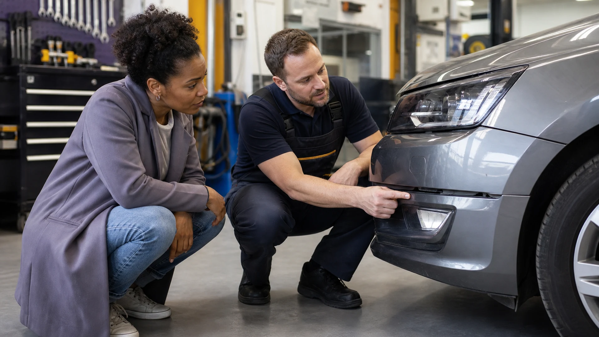 Vehicle repair professional shows a driver a small bumper alignment gap during an inspection