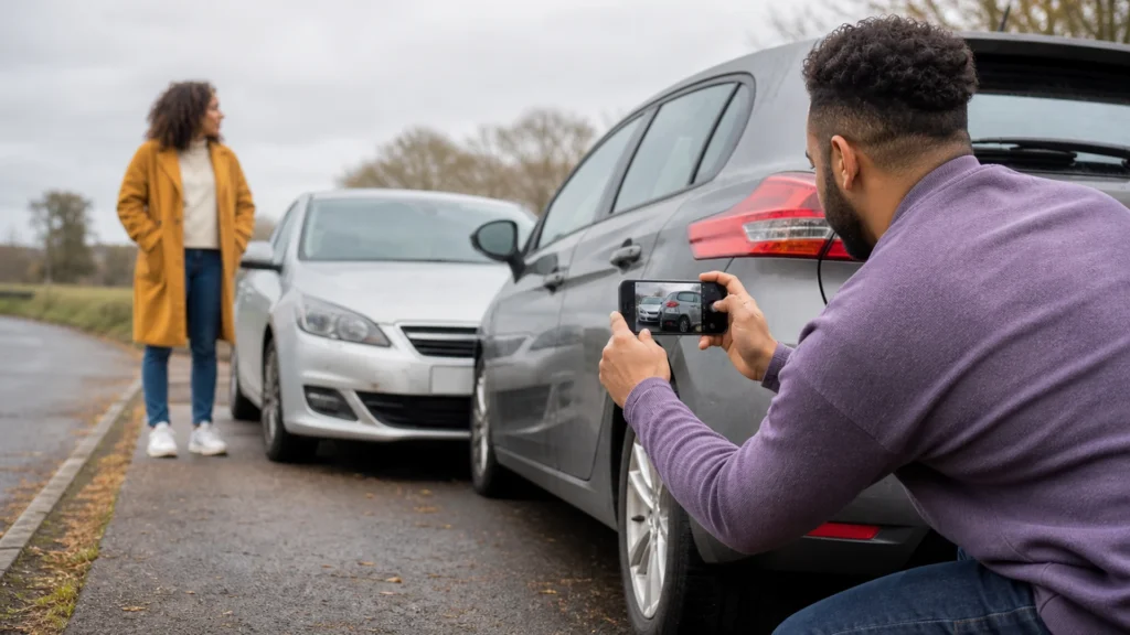 Driver photographs two stationary cars after a minor collision before considering a private settlement