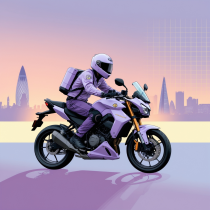 Motorcycle rider on the road with city skyline, supporting the bikers and delivery riders help section on this page.