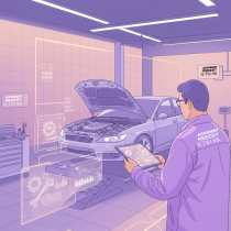 Person inspecting a vehicle with a tablet, showing assessment and repair coordination after an accident.