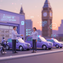 Road and city driving scene illustrating real-world non-fault accident support context on the About Us page.